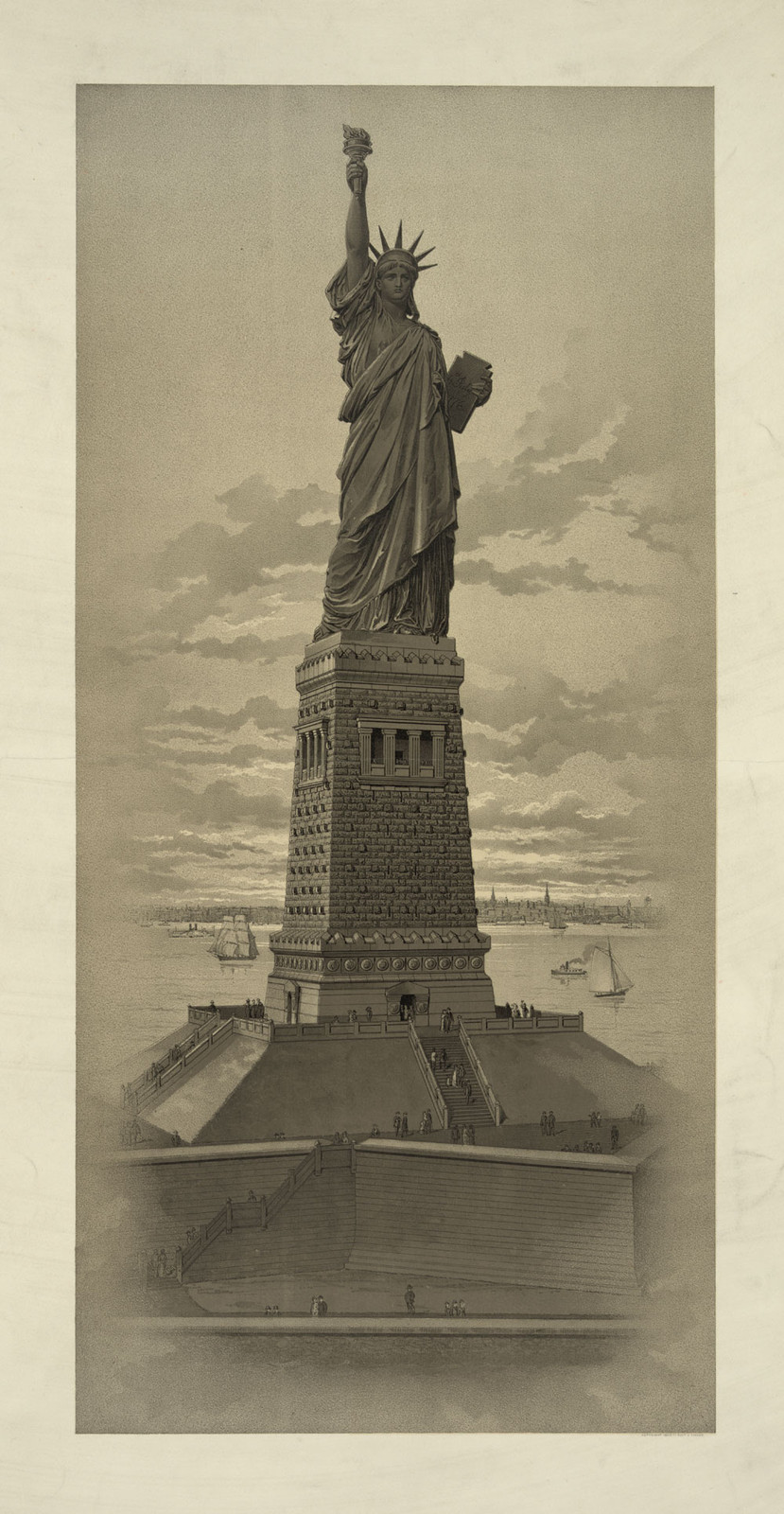 Statue of Liberty with pedestal and surrounding steps, sepia print — historic print