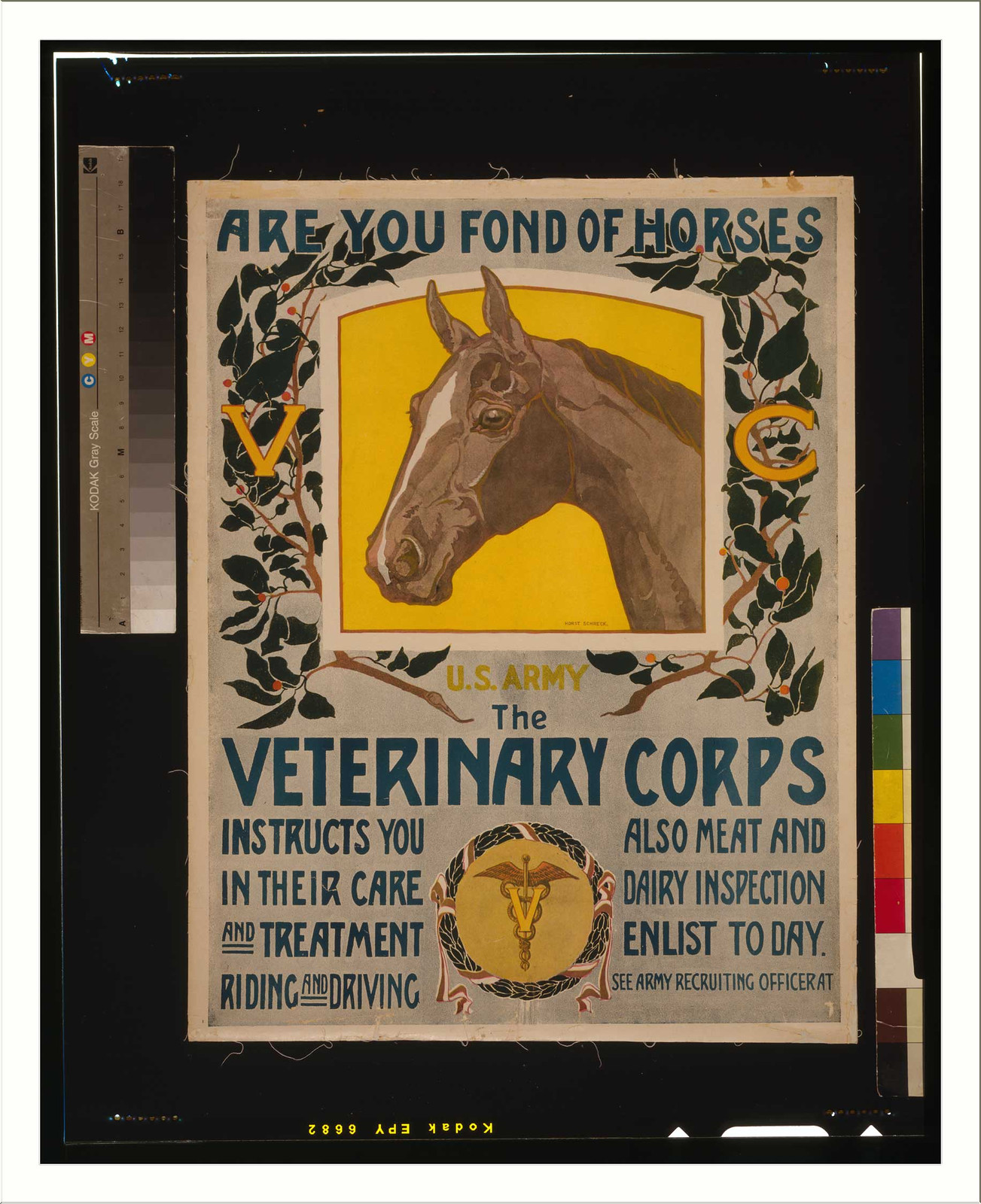 Are you fond of horses - U.S. Army - The Veterinary Corps instructs you in their care and treatment riding and driving / Horst Schreck., 1919 — vintage poster