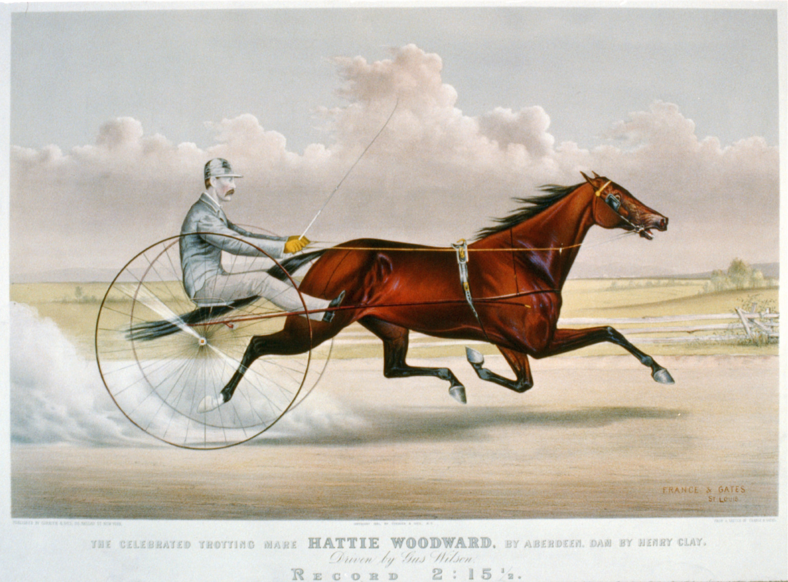 The celebrated trotting mare Hattie Woodward, by Aberdeen, dam by Henry Clay: driven by Gus Wilson, [New York] : Currier & Ives, 1881. — antique lithograph