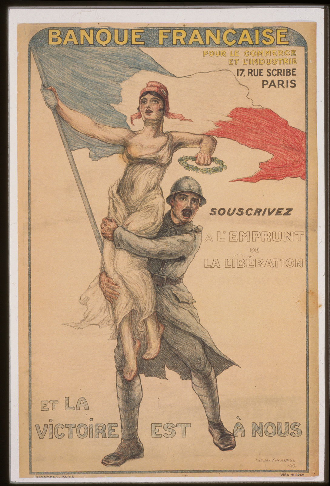 Banque Franccedilaise pour le commerce et lindustrie. Souscrivez aacute lEmprunt de la Libeacuteration et la victoire est aacute nous, 1918 — vintage poster