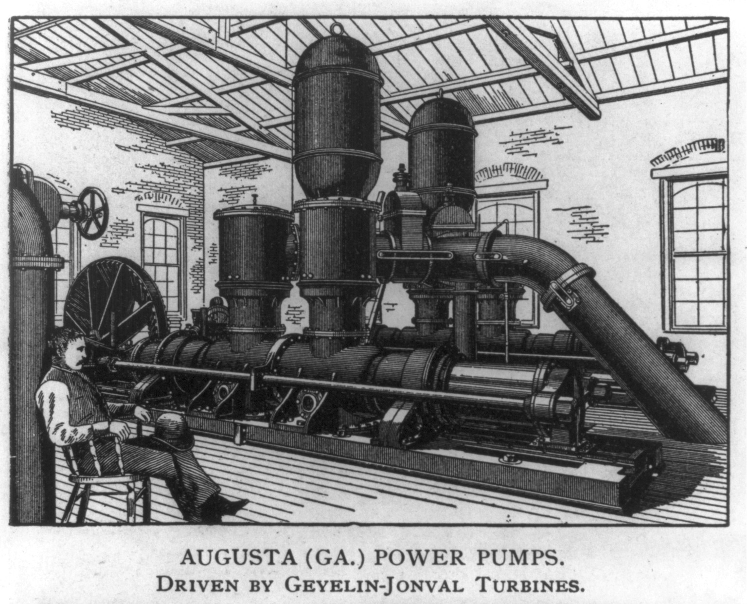 Augusta (Ga.) Power Pumps. Driven by Geyelin-Jonval Turbines — antique engraving