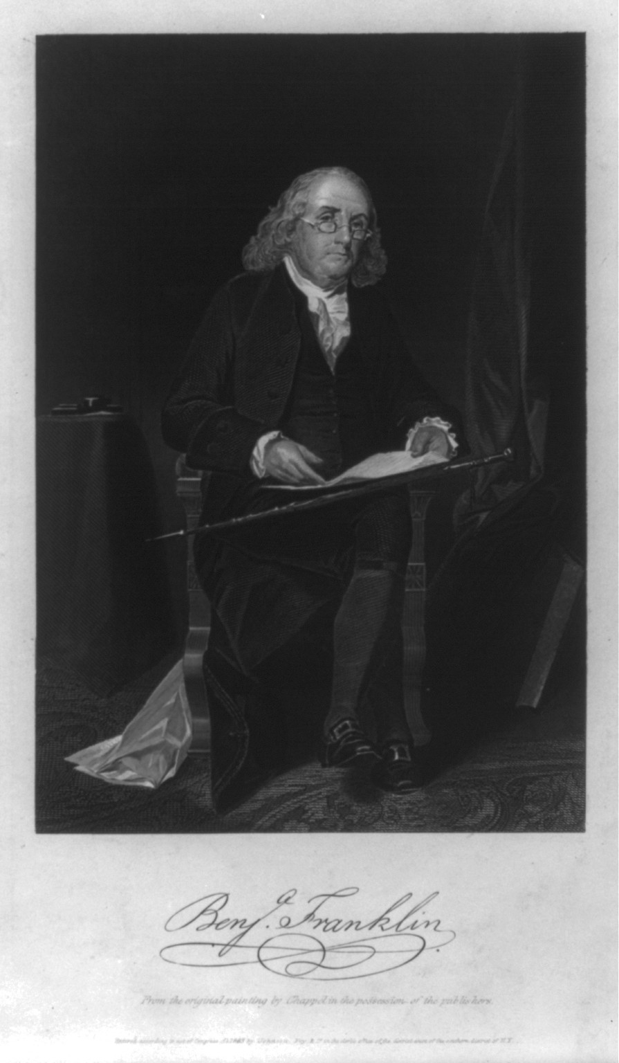 [Benjamin Franklin, 1706-1790, full-length portrait, seated, facing right], c1863. — antique engraving