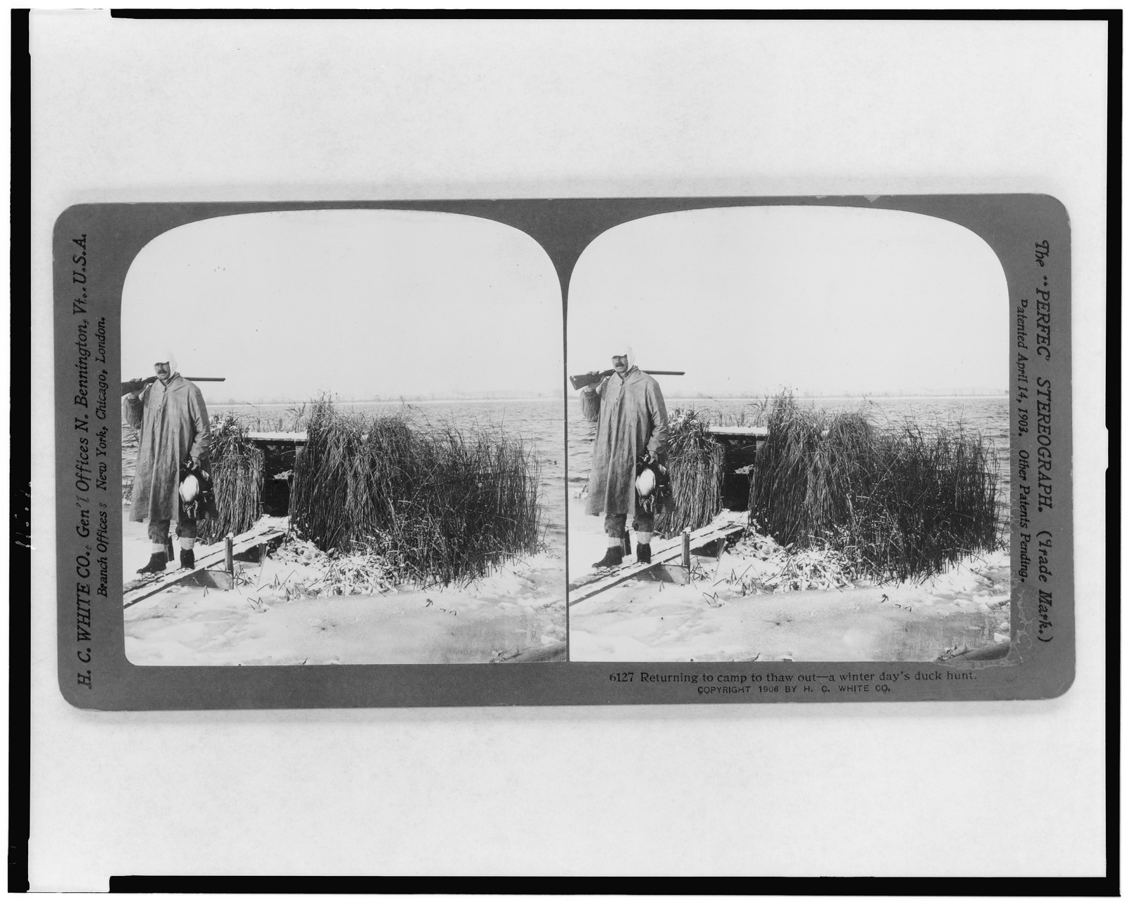 Returning to camp to thaw out--a winter days duck hunt, 1906 — historic photograph