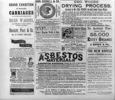 [Page of advertisements from Harper's Weekly, 8 May 1875, including: tooth paste, silver polish, new novels, asbestos materials, carriages, teething syrup, amateur printing press, organs]