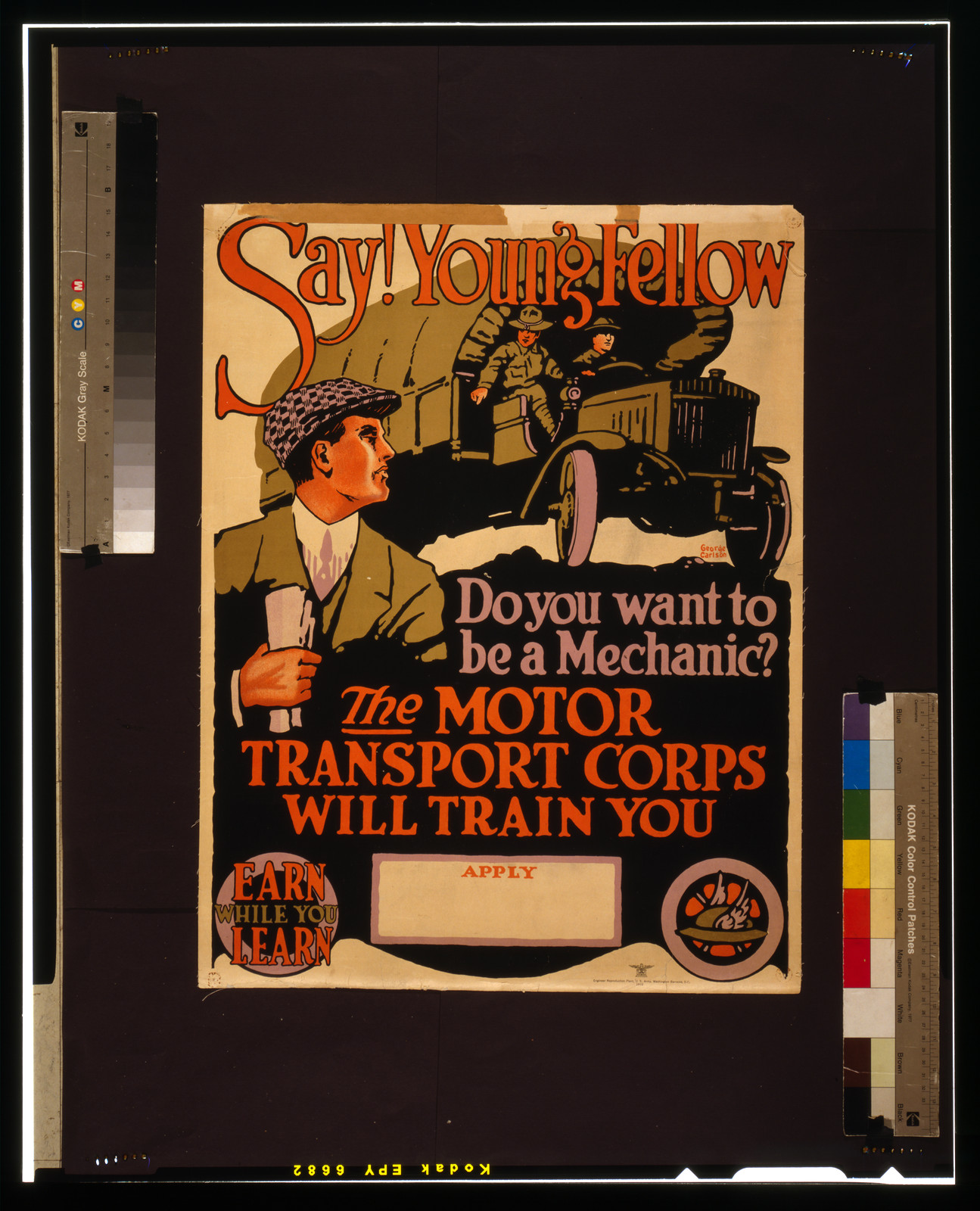 Say! Young fellow, do you want to be a mechanic? The Motor Transport Corps will train you Earn while you learn / George Carlson., 1919 — vintage poster