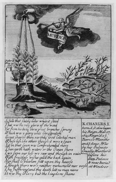 [British cartoon concerning the execution of Charles I (1600-1649) and the restoration of 1660 of Charles II (1630-1685). Shows trumpeting angel with banner proclaiming Murder" beside hand of God watering drown of "CII" concealed in the Royal Oak; with descriptive poem and historical data]"