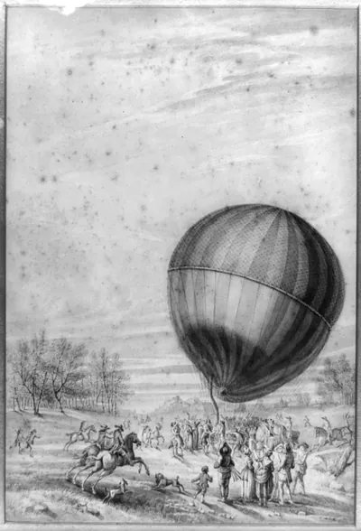 [The 'Aerostatic globe' balloon, belonging to Jacques Charles and Marie-Noel Robert, descending on the plain of Nesle, near Beaumont, France]