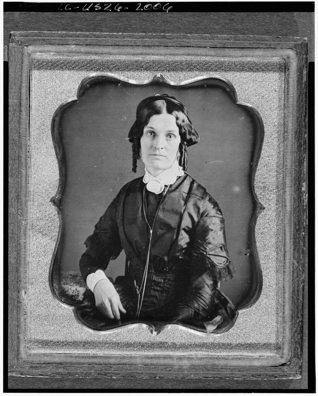 [Joannette Clark Benjamin, three-quarter length portrait of a woman, facing front, seated], [between 1840 and 1860] — historic photograph