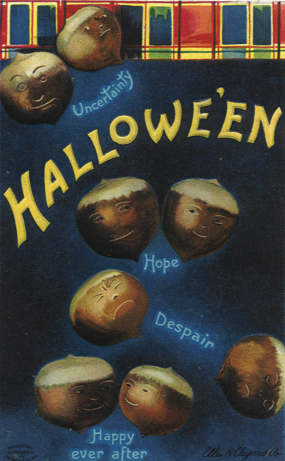 Halloween postcard with chestnut faces: Hope, Despair, Happy ever after — vintage postcard