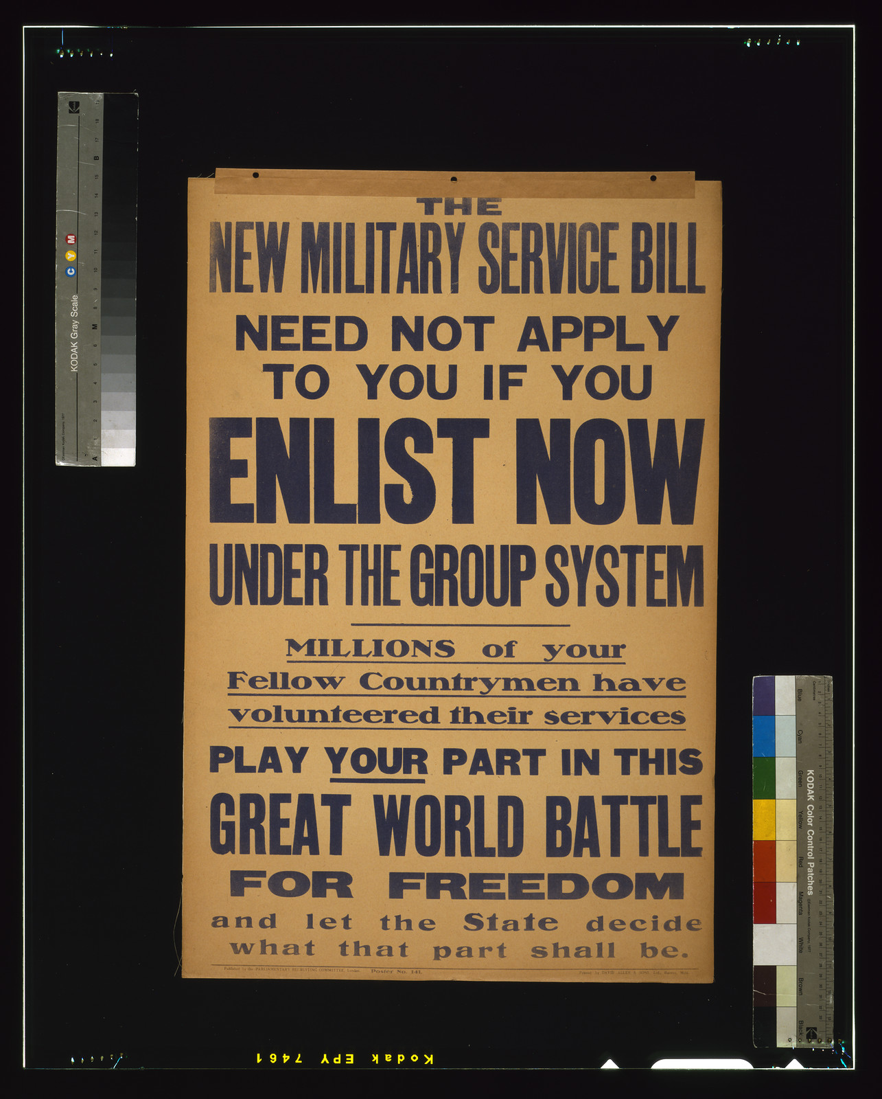 The new military service bill need not apply to you if you enlist now under the group system / printed by David Allen & Sons, Ltd., Harrow, Mdx., London : Parliamentary Recruiting Committee, [1916] — vintage poster