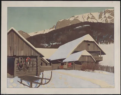 Alpine farmstead with sled in winter snow