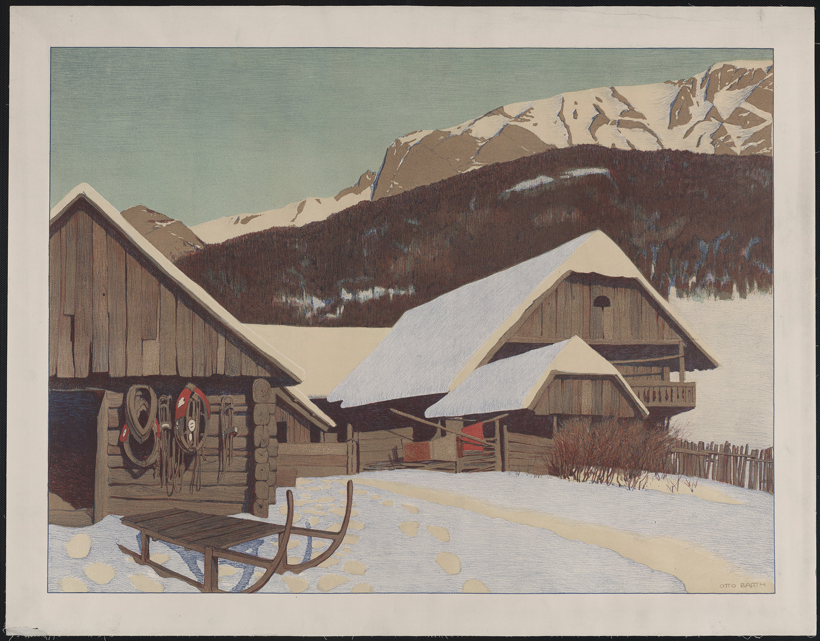 Alpine farmstead with sled in winter snow — historic image