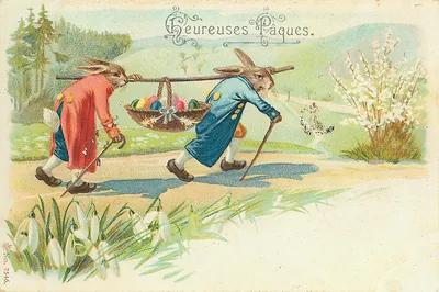Heureuses Pâques: Easter postcard with rabbits carrying egg basket