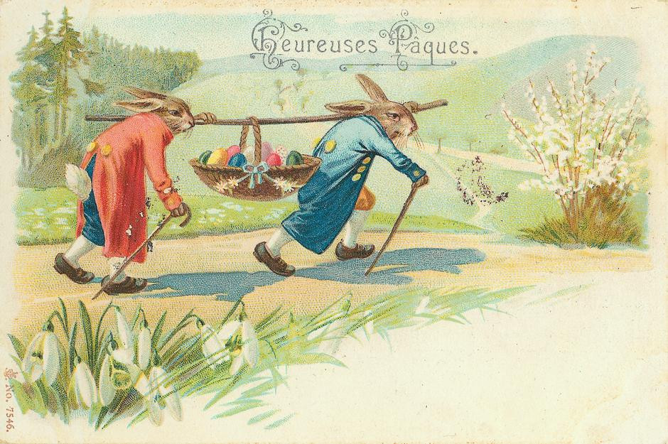 Heureuses Pâques: Easter postcard with rabbits carrying egg basket — vintage postcard