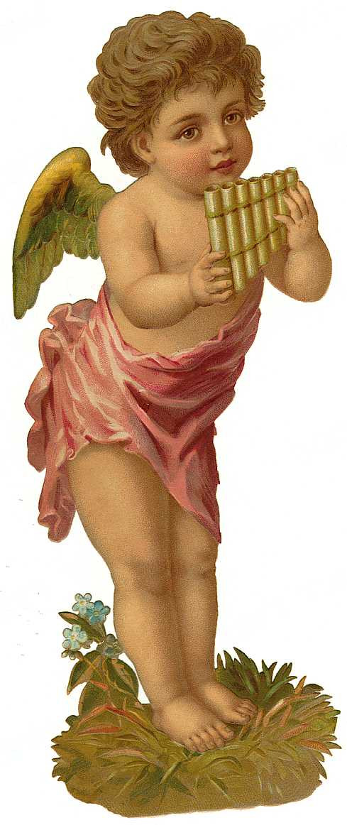 Cherub playing pan pipes with pink drapery — historic image
