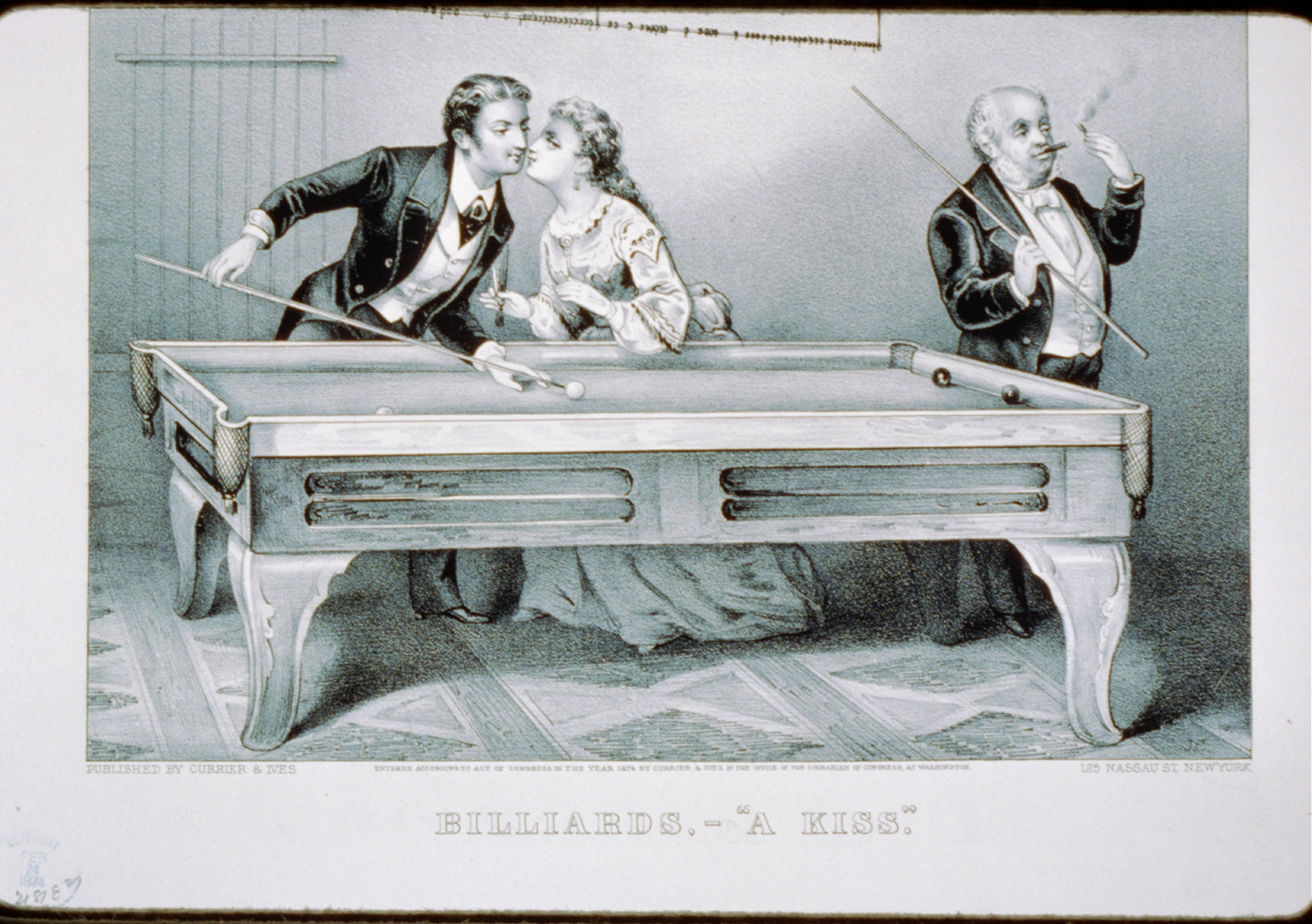 Billiards,-A kiss"", [New York] : Currier & Ives, 1874. — antique lithograph