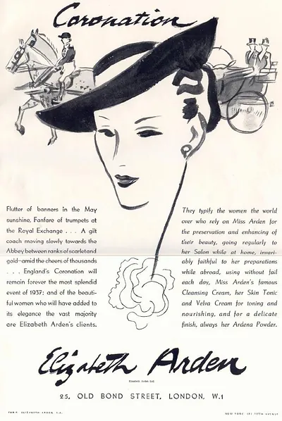 Elizabeth Arden advertisement, Coronation 1937, with fashion illustration