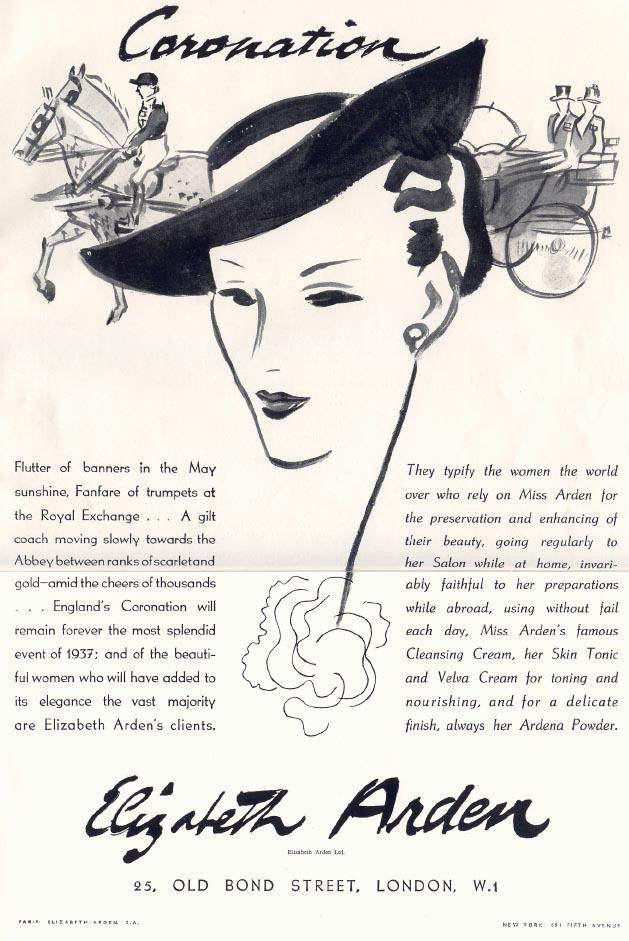 Elizabeth Arden advertisement, Coronation 1937, with fashion illustration — historic image