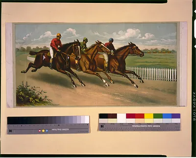 [Three men on horseback racing]