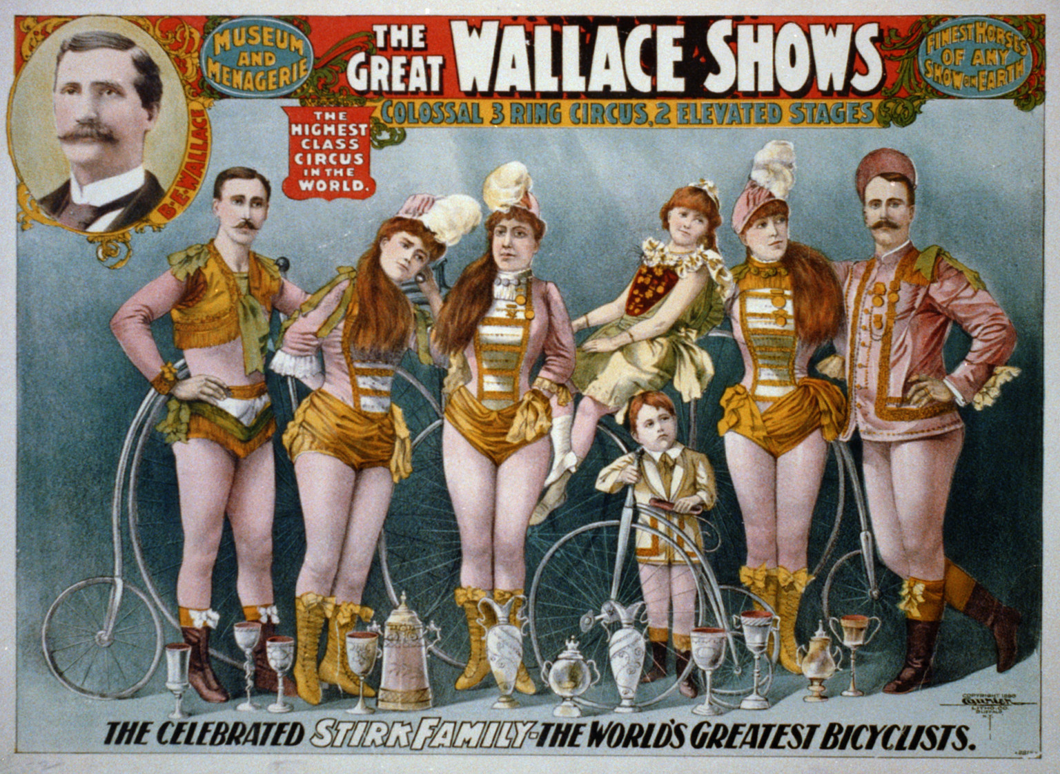 The Great Wallace Shows ... The celebrated Stirk Family - the World's greatest bicyclists, Buffalo : Courier Litho. Co, 1898. — vintage poster