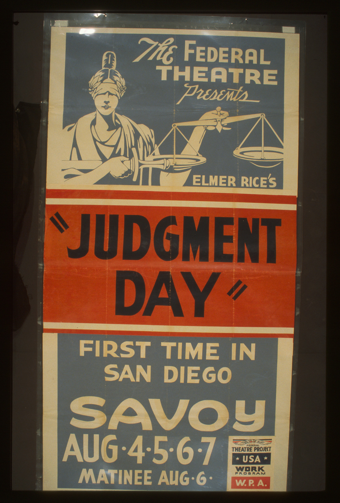 The Federal Theatre presents Elmer Rices Judgement day First time in San Diego., 1938 — vintage poster