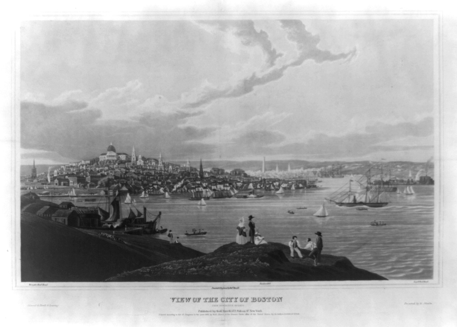 View of the city of Boston from Dorchester heights / painted & engraved by Robt. Havell ; coloured by Havell & Spearing., New York : Published by Robt. Havell, 172 Fulton St., c1841 (Printed by W. Neale) — historic print
