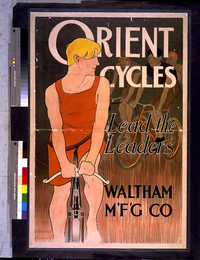 Orient cycles lead the leaders. Waltham M'f'g' Co. / Edward Penfield.