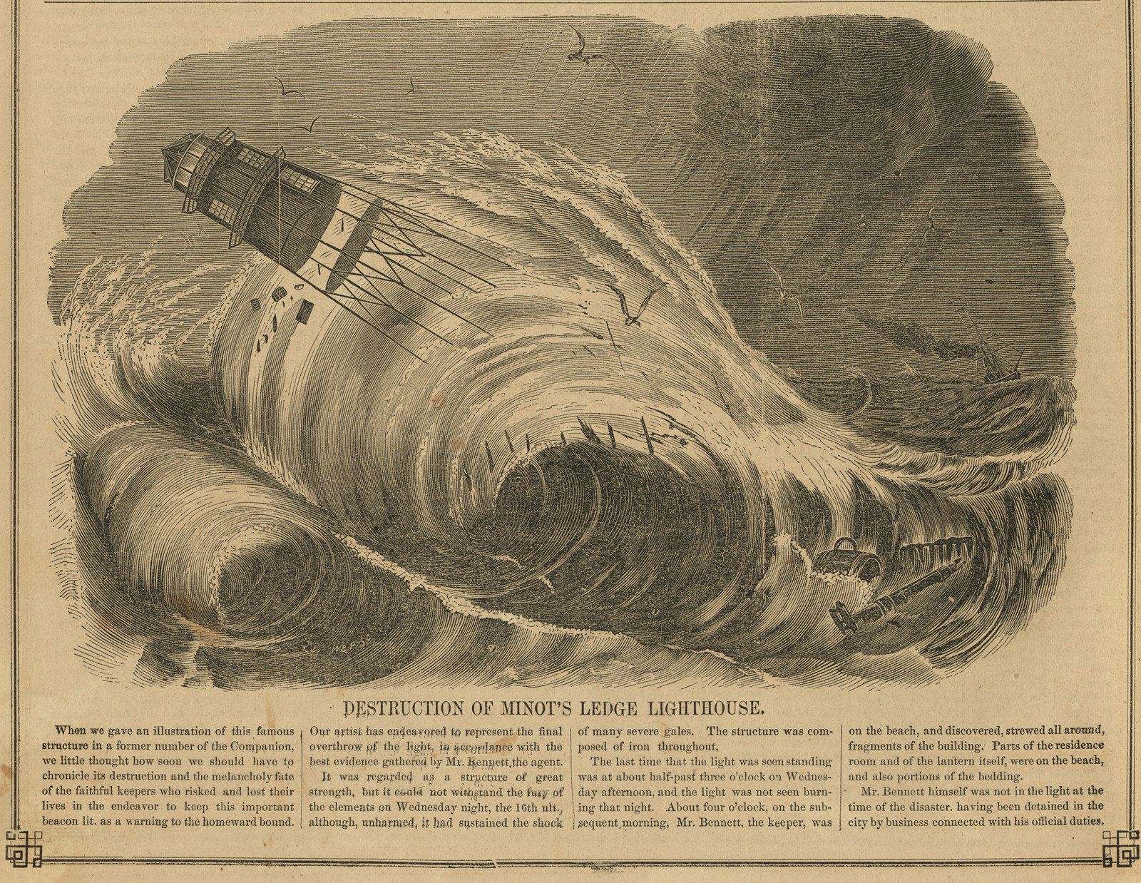 Destruction of Minot's Ledge Lighthouse — historic image