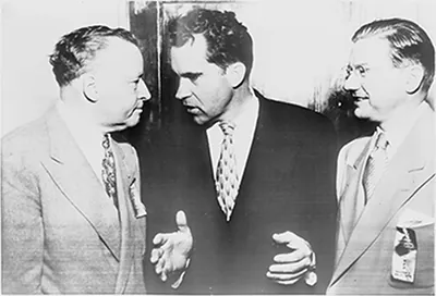 [Senator Richard Nixon, flanked by Arthur Summerfield, on the right, and Ray C. Bliss, left, at the Ohio State GOP convention in Columbus]