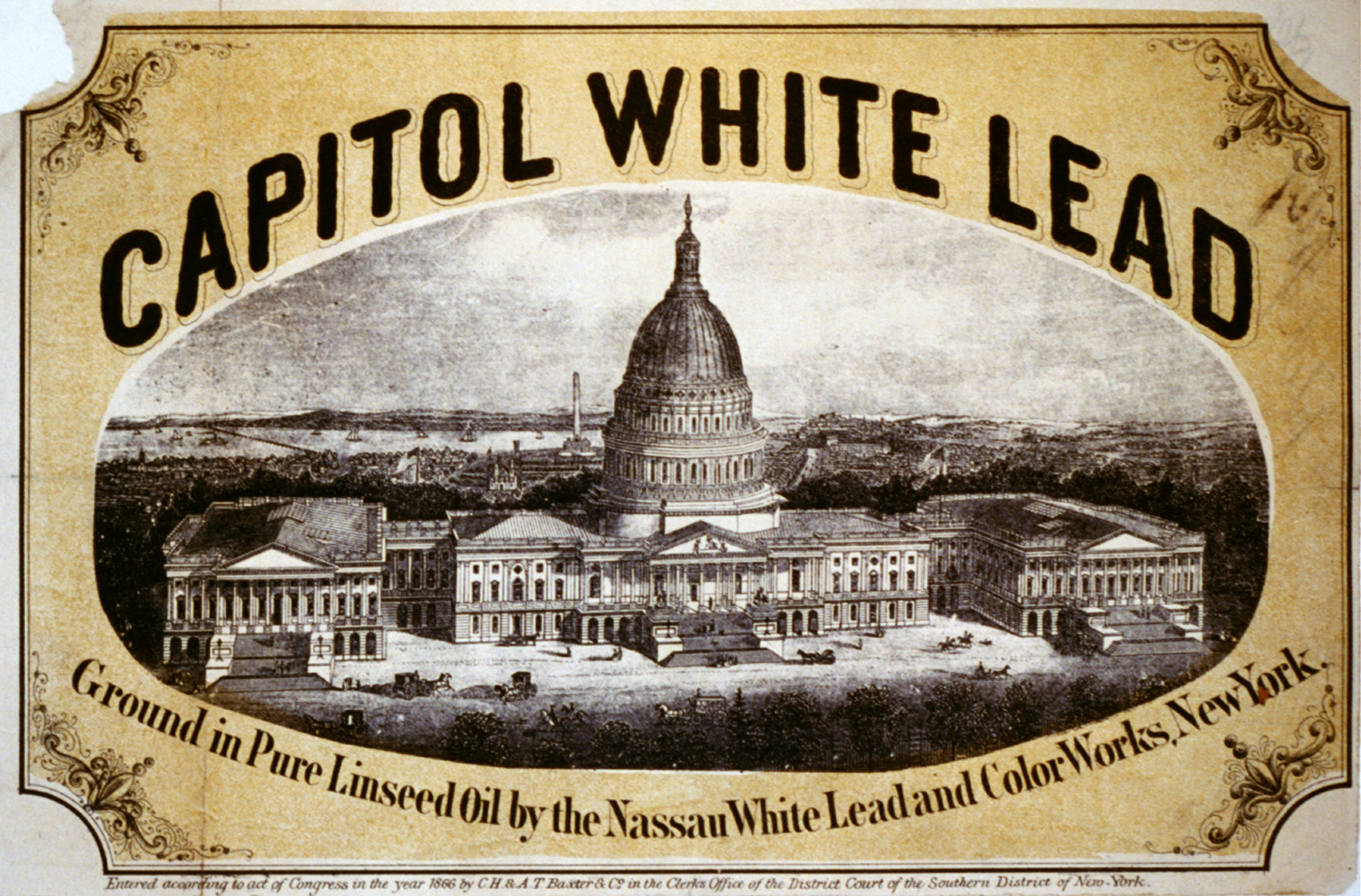 Capitol white lead - Ground in pure linseed oil by the Nassau White Lead and Color Works, New York, c1866. — antique lithograph