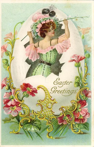 Easter Greetings postcard with woman in egg