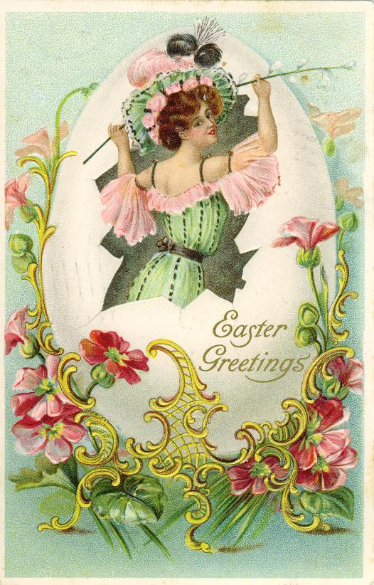 Easter Greetings postcard with woman in egg — vintage postcard