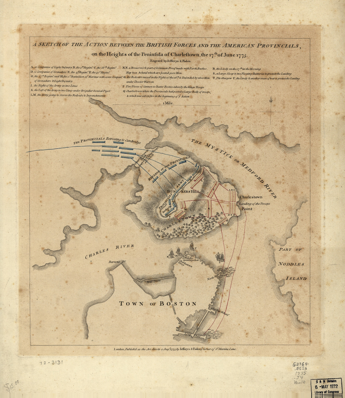 Bunker Hill 1775 Thos Jefferys, Massachusetts — antique map