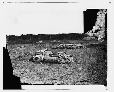 Gettysburg Pennsylvania. Confederate soldiers as they fell near the center of the b