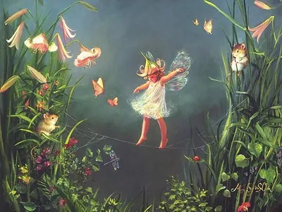 Fairy balancing on a spider web with mice and butterflies