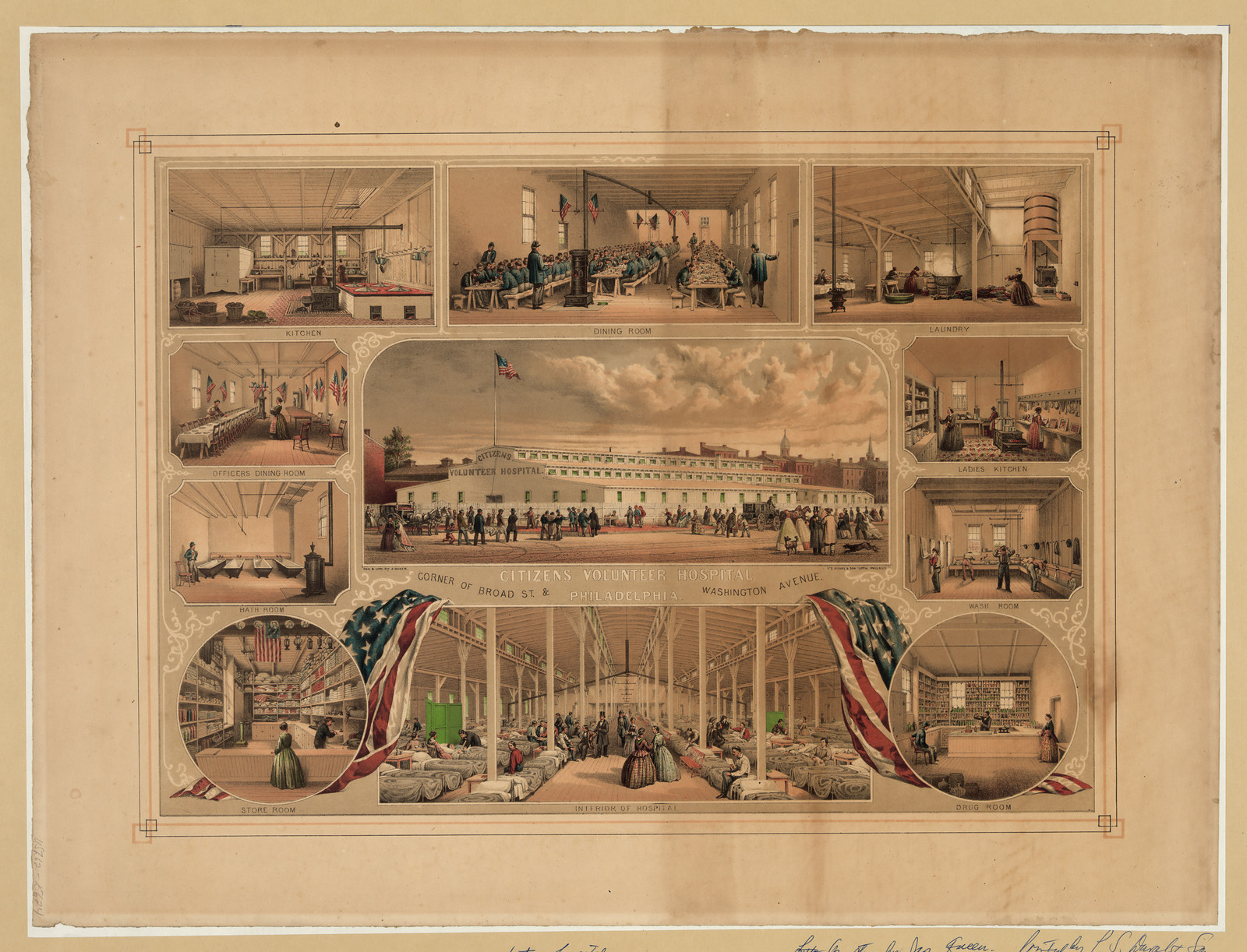 Citizens' Volunteer Hospital, Philadelphia, multi-view lithograph — antique lithograph