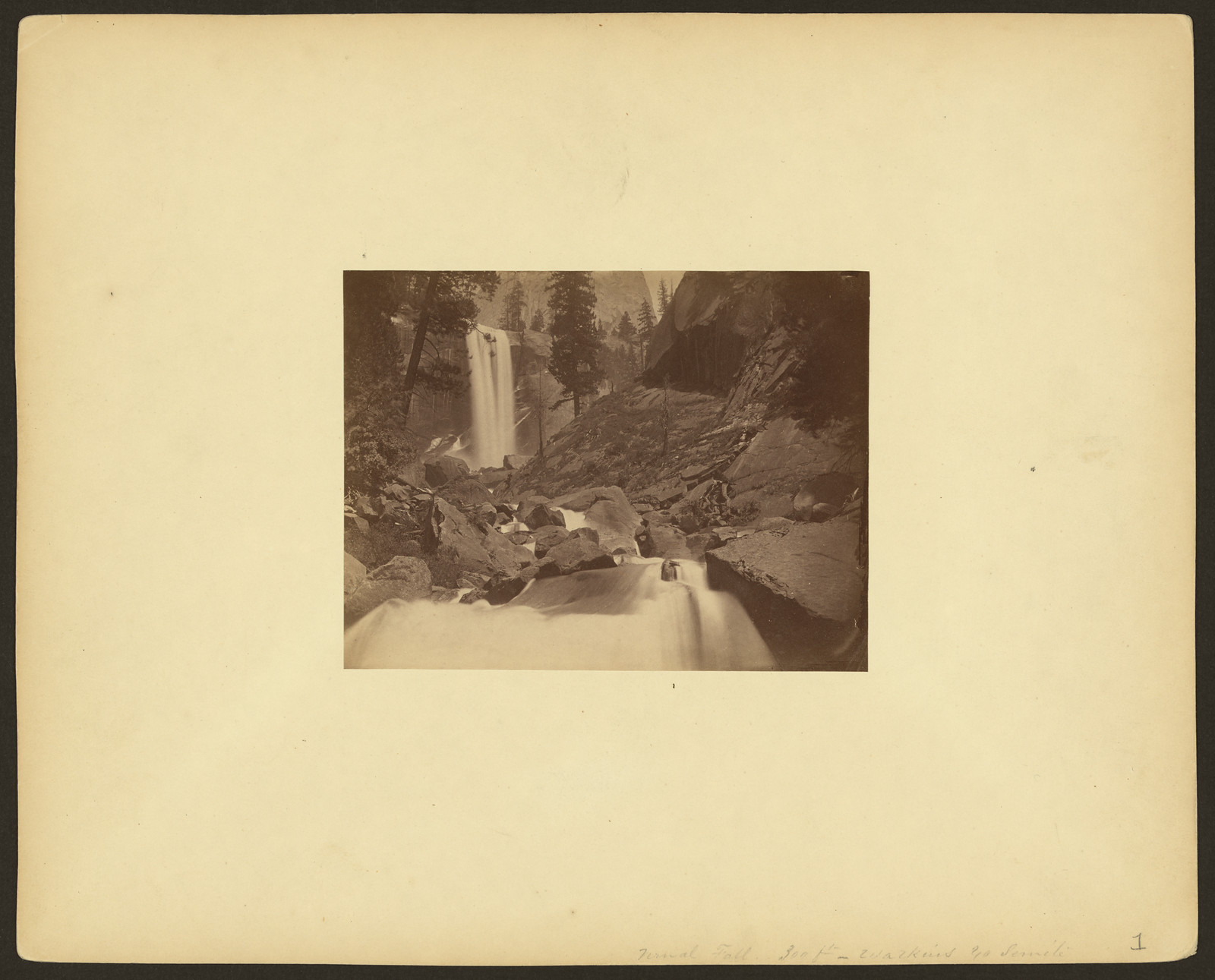 Waterfall above rocky stream, sepia photograph, Yosemite — historic photograph
