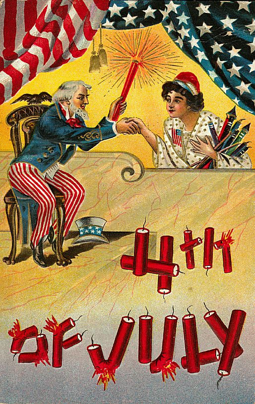 Uncle Sam handing a firecracker to a woman, 4th of July — historic image