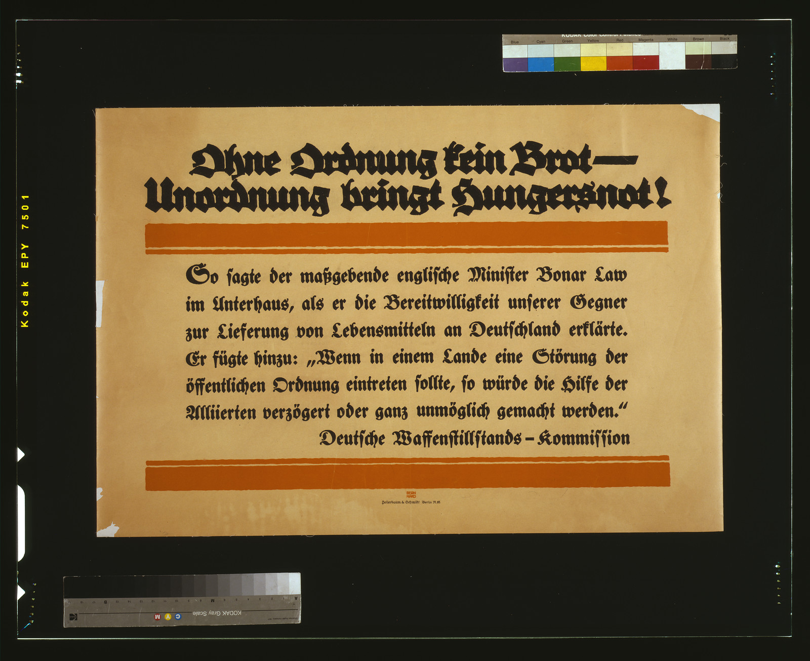 Ohne Ordnung kein Brot -- unordnung bringt Hungersnot! / Bernhard., 1918 — vintage poster