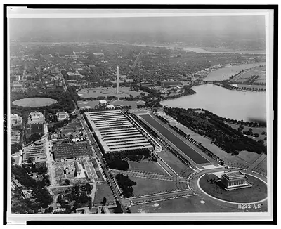 [Aerial view of The Mall with Lincoln Memorial in right foreground, Washington Monument in center, and U.S. Capitol in distance, Washington (D.C.)]