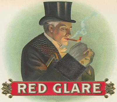 Cigar label reading Red Glare, gentleman in top hat smoking