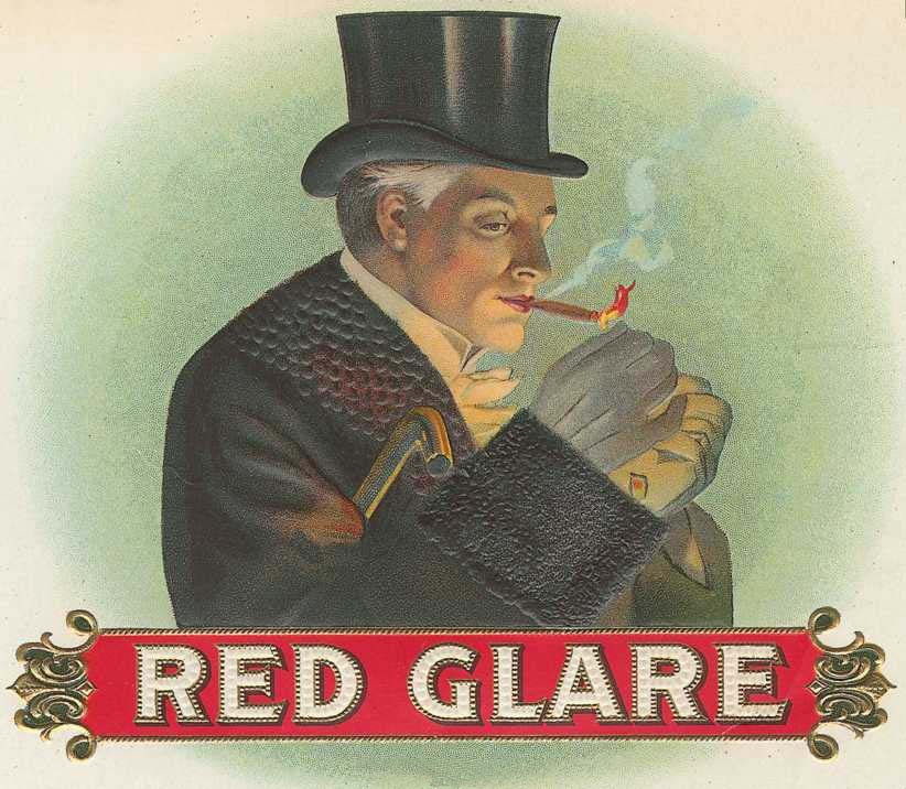 Cigar label reading Red Glare, gentleman in top hat smoking — historic image