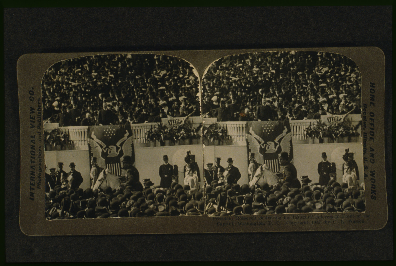 President Roosevelt delivering his inaugural address in front of the Capitol, Washington, D.C., Decatur, Illinois : International View Co., c1905. — historic photograph