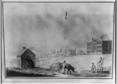 [Washington, D.C. ca. 1803. The President's House (slightly to left of center), Gales' House (to rt. of center, over head of ox), Old Patent Office, New Post Office (to the right)]