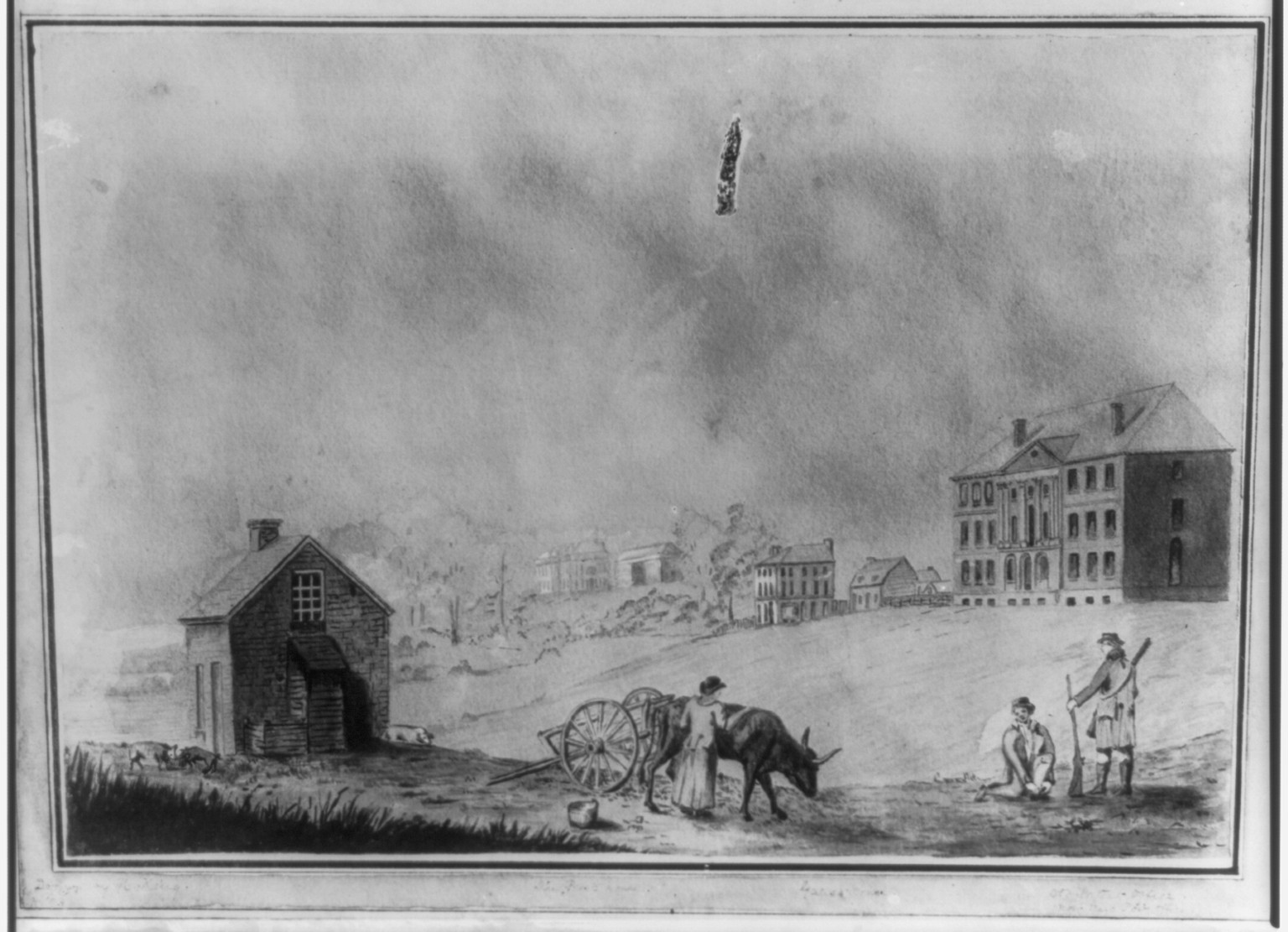 [Washington, D.C. ca. 1803. The President's House (slightly to left of center), Gales' House (to rt. of center, over head of ox), Old Patent Office, New Post Office (to the right)] — historic image