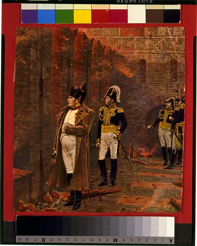 [Napoleon I and officers standing in burning courtyard]