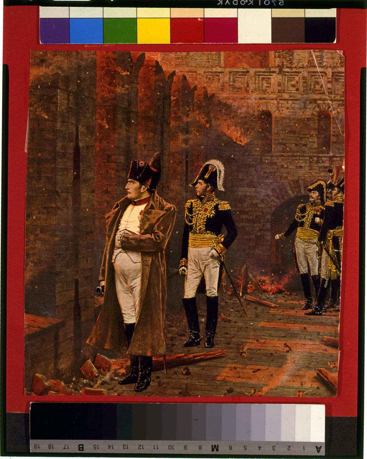 [Napoleon I and officers standing in burning courtyard], [between 1900 and 1930] — historic print