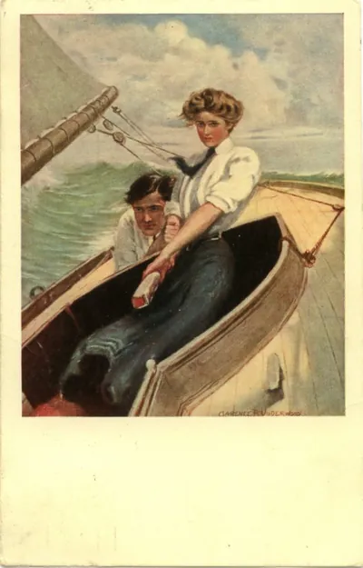 Woman and man sailing in a small boat, illustrated postcard