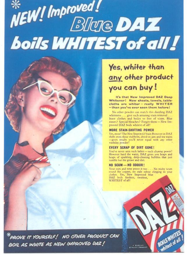 1950s Blue DAZ laundry detergent advertisement with woman — historic image