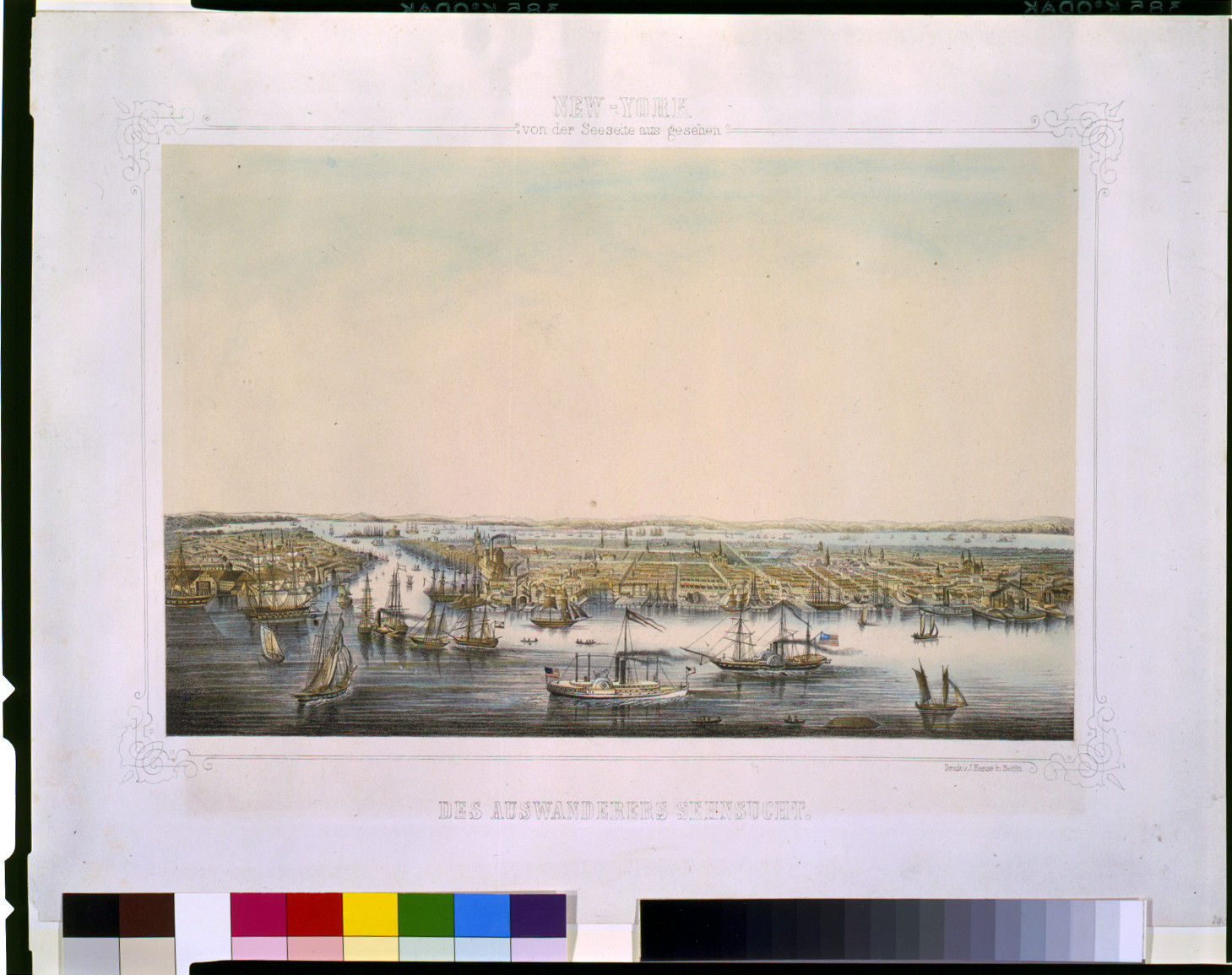 New-York von der Seeseite aus gesehen--Des auswanderers Sehnsucht / druck v. J. Hesse in Berlin., [185-] — antique lithograph